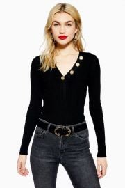 Hammered Button V-Neck Knitted Top at Topshop